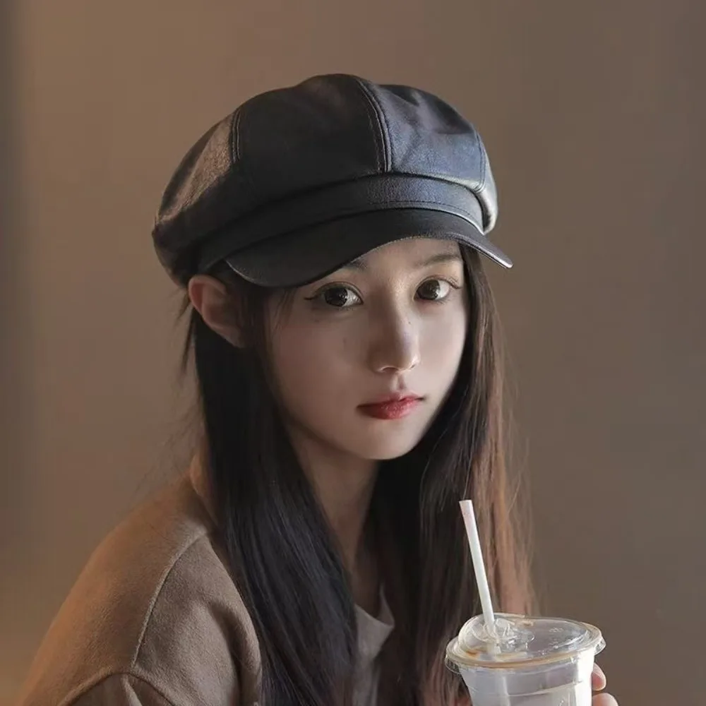 JK Solid Color Vintage PU Beret Cap British Retro Black Octagonal hat Keep Warm Versatile Korean Leather Painter Hat for Woman 3