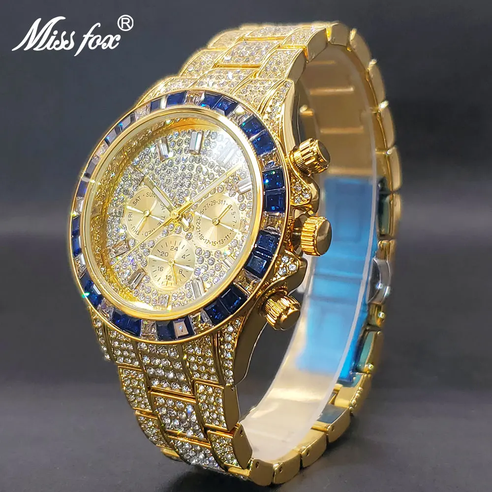 

Gold Men Watch With Dark Blue Diamond Bezel Iced Quartz Watches For Man Hip Hop Chronograph Calendar Wristwatches Dropshipping