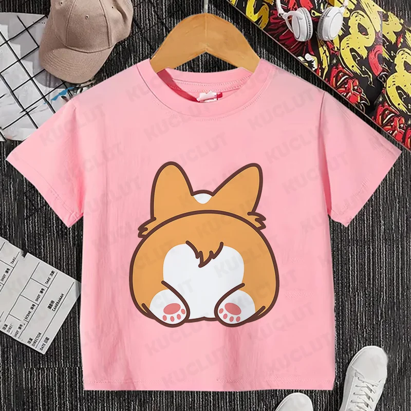 Summer Children Top Corgi Print Kids Short Sleeve T-shirt Girls Birthday T Shirts Boys' Clothing Casual O-Neck Shirt for Child