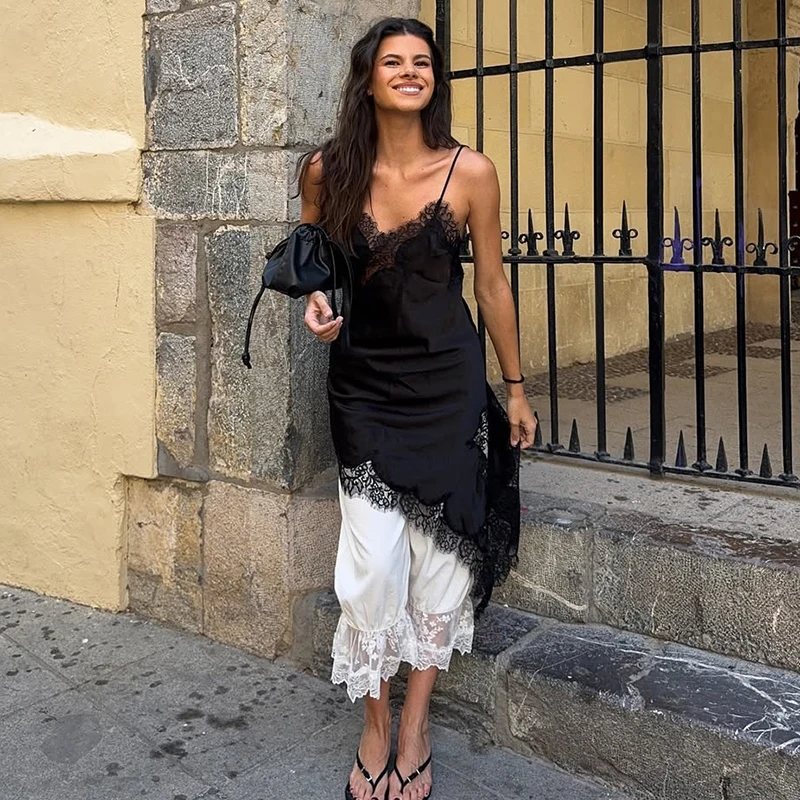 2025 Abito lungo patchwork in pizzo asimmetrico in raso caldo Abiti eleganti con orlo Cami 2025 Abito sexy da spiaggia per feste autunnali alla moda