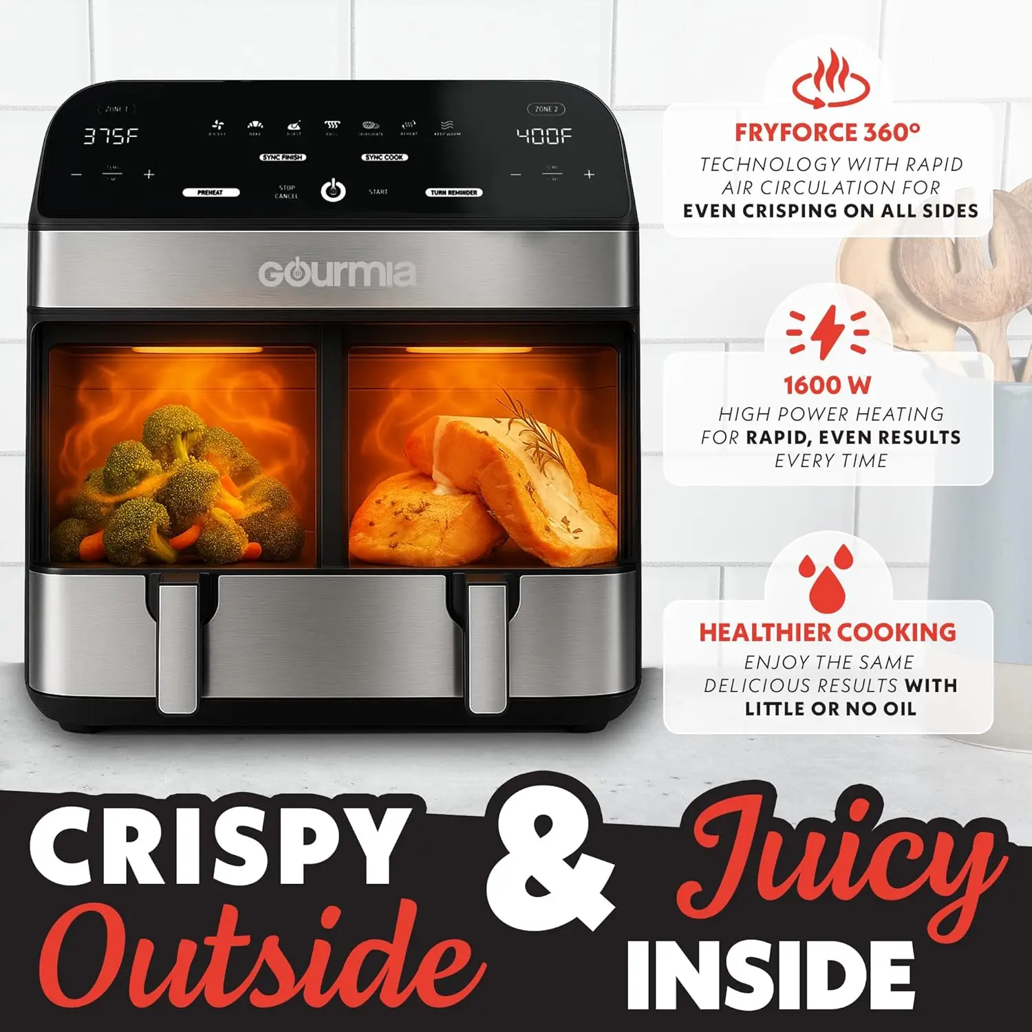 Dual Basket Air Fryer, 10 Qt, FryForce360°, 7 Presets, Digital Display, Black