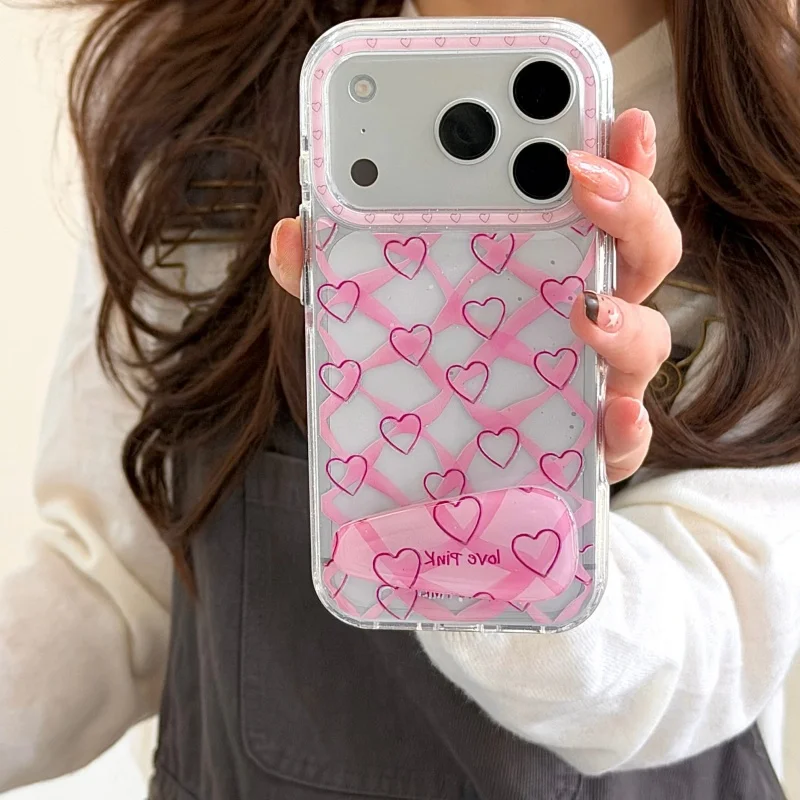 

Korean Pink Love Heart Pattern Phone Case For iPhone 17 Pro 15 14 16 Pro Max Cover with Stand Shockproof Cute Protective Cases F