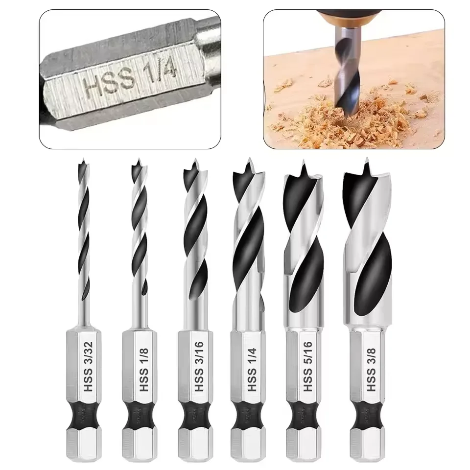 5/6pcs HSS SAE Brad Three Point Stubby Drill Bit Set for Wood With 1/4-Inch Quick Change Hex Shank 3/32 1/8 3/16 1/4 5/16 3/8