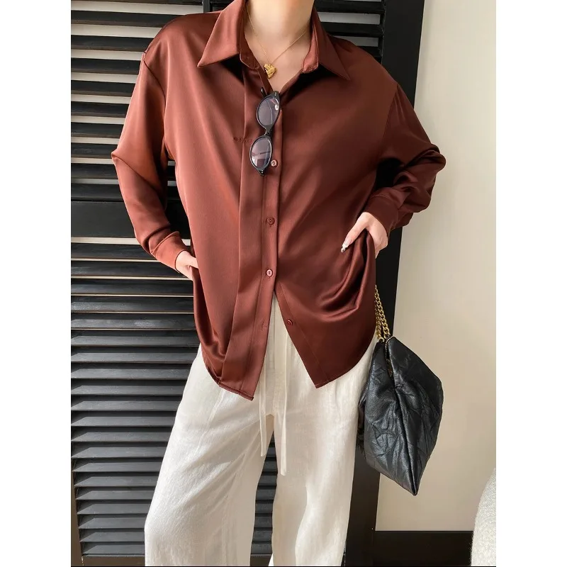 

Коричневая атласная рубашка на пуговицах с длинными рукавами, свободного кроя, шелковистая, гладкая блузка, элегантный офисный повседневный топ для женщин, уличная одежда OPBZ