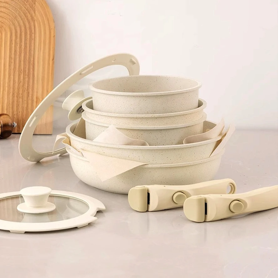 Detachable cookware set, non-stick frying pan, soup pot with detachable handle,maifan stone frying pan and milk pot.
