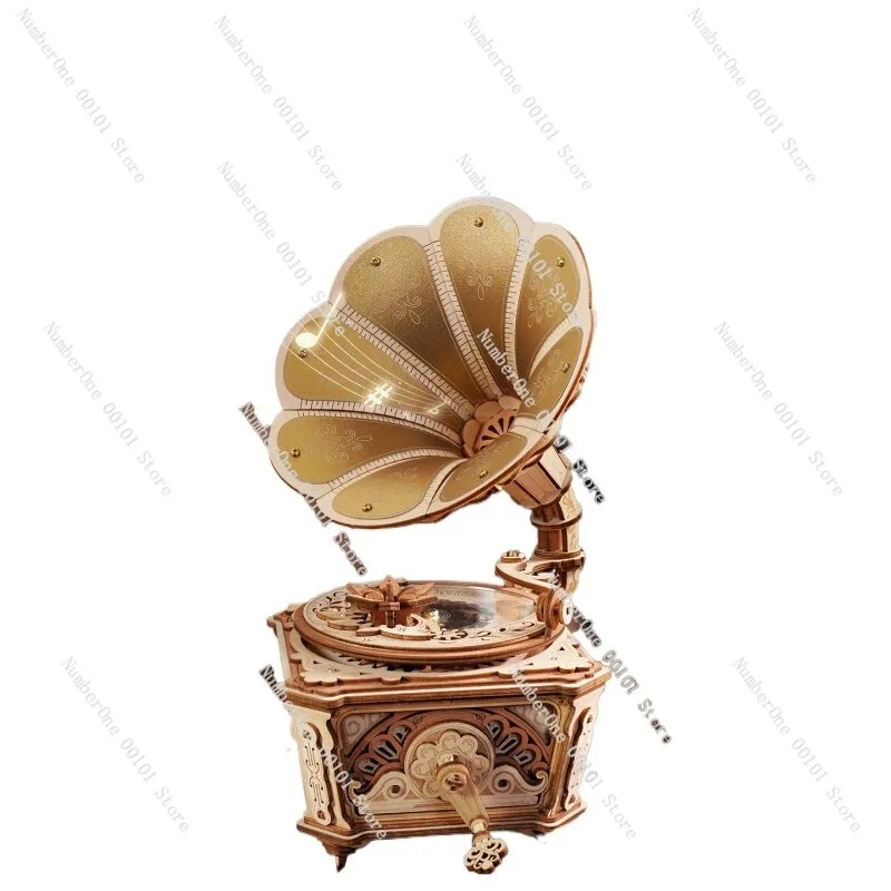 Phonograph Music Box Wooden 3D Puzzle DIY Model Building Kit Vintage Gramophone Mechanical Craft Creative Birthday Gift  Adults