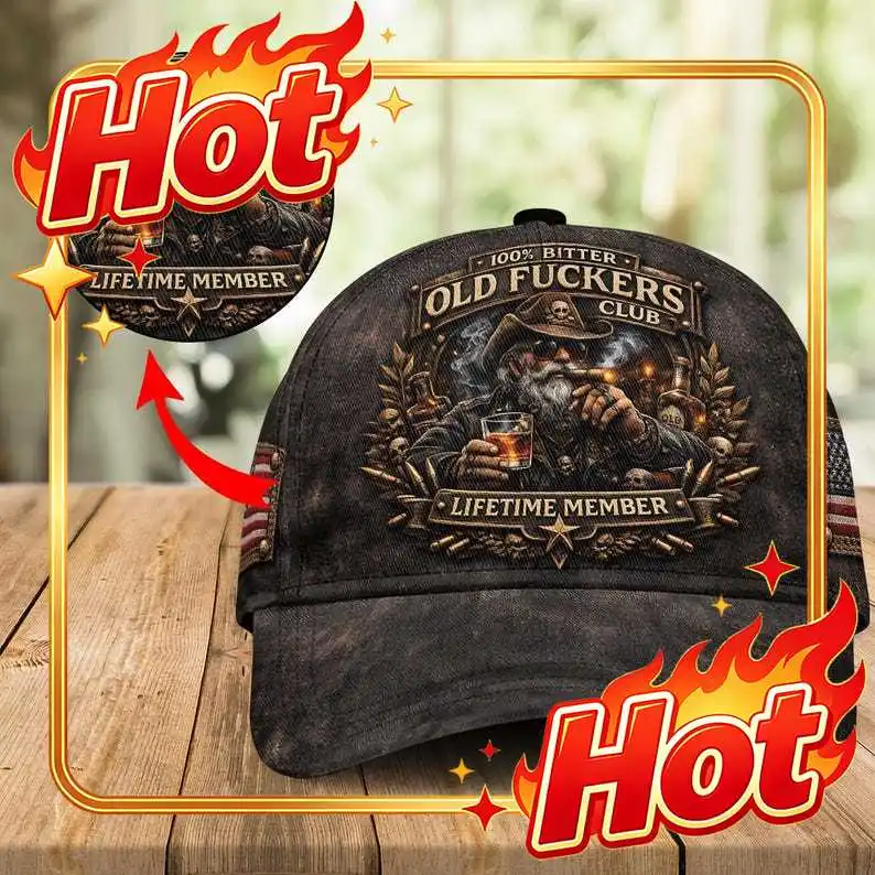 Custom Personalized Name Old Fuckers Club Printed Hat, Bitter Lifetime Member Cap, Vintage Biker Old Man Design Cap, Funny