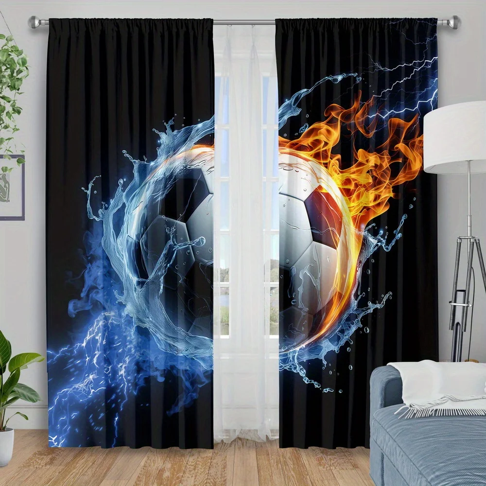 2pcs Football Print Curtains Fire and Ice Ball Design Sports Theme Dynamic Style Polyester Window Drapes for Living Room Bedroom