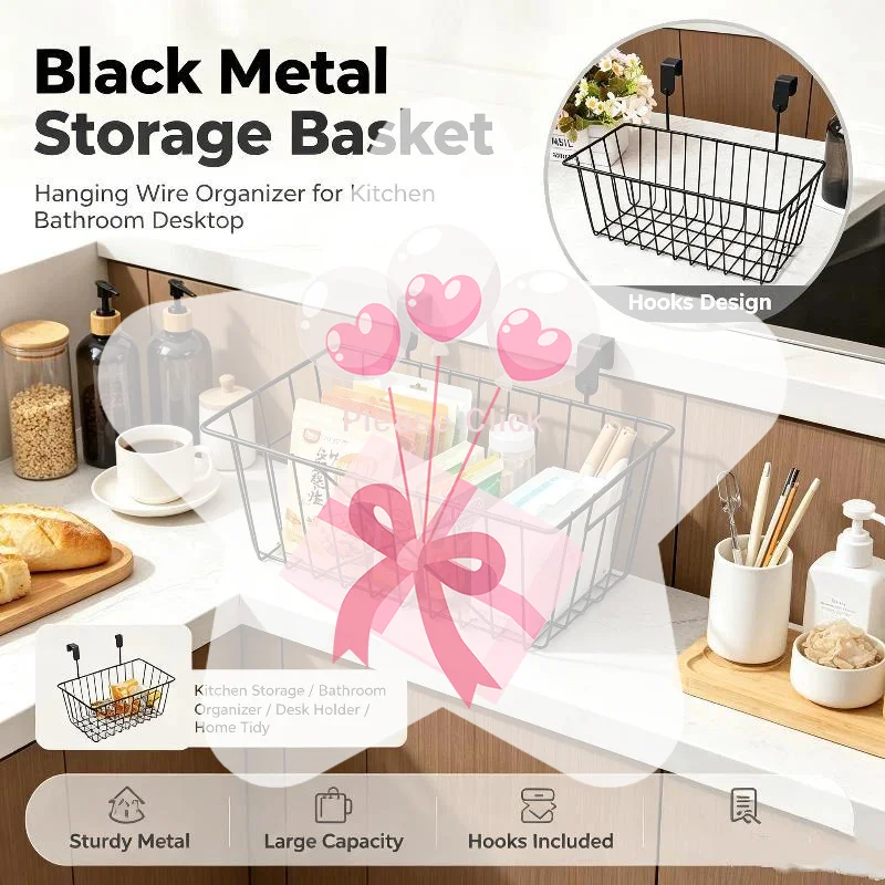 Black Iron Hanging Storage Basket Ventilated Design Sturdy Hooks Large Capacity Organizer for Kitchen Pantry