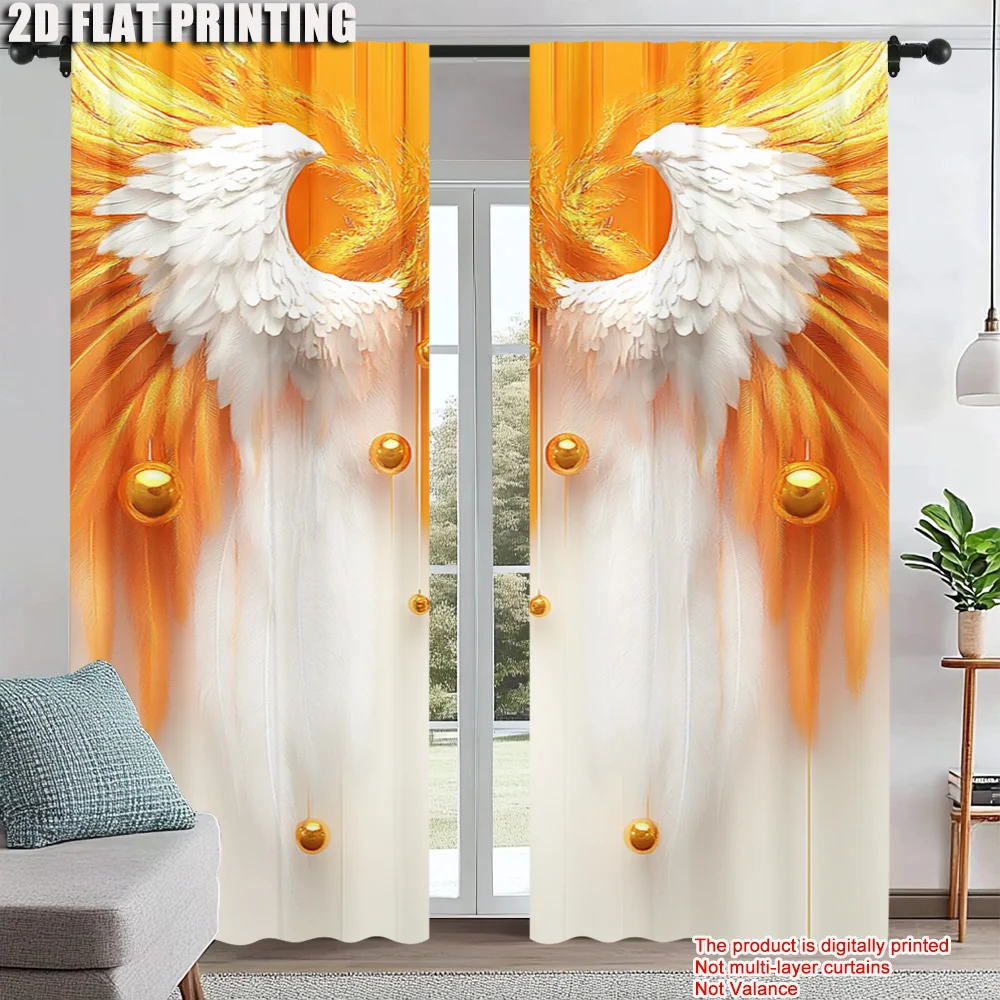 

2Pcs Feather Print Curtains Rod Hole Design For Easy Hanging Light Filtering Polyester Drapes For Living Room Bedroom Study