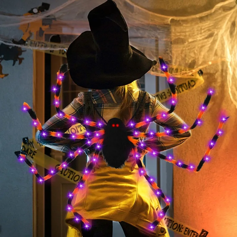 Halloween Light-Up Spider Backpack, Colorful Plush Spider Costume Accessory, Kids Adults Party Candy Bag