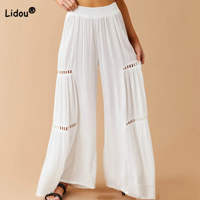 

Spring Autumn Lady White Versatile Elastic High Waist Mopping the Floor Trousers Casual Hollow Out Loose Crumpled Wide Leg Pants