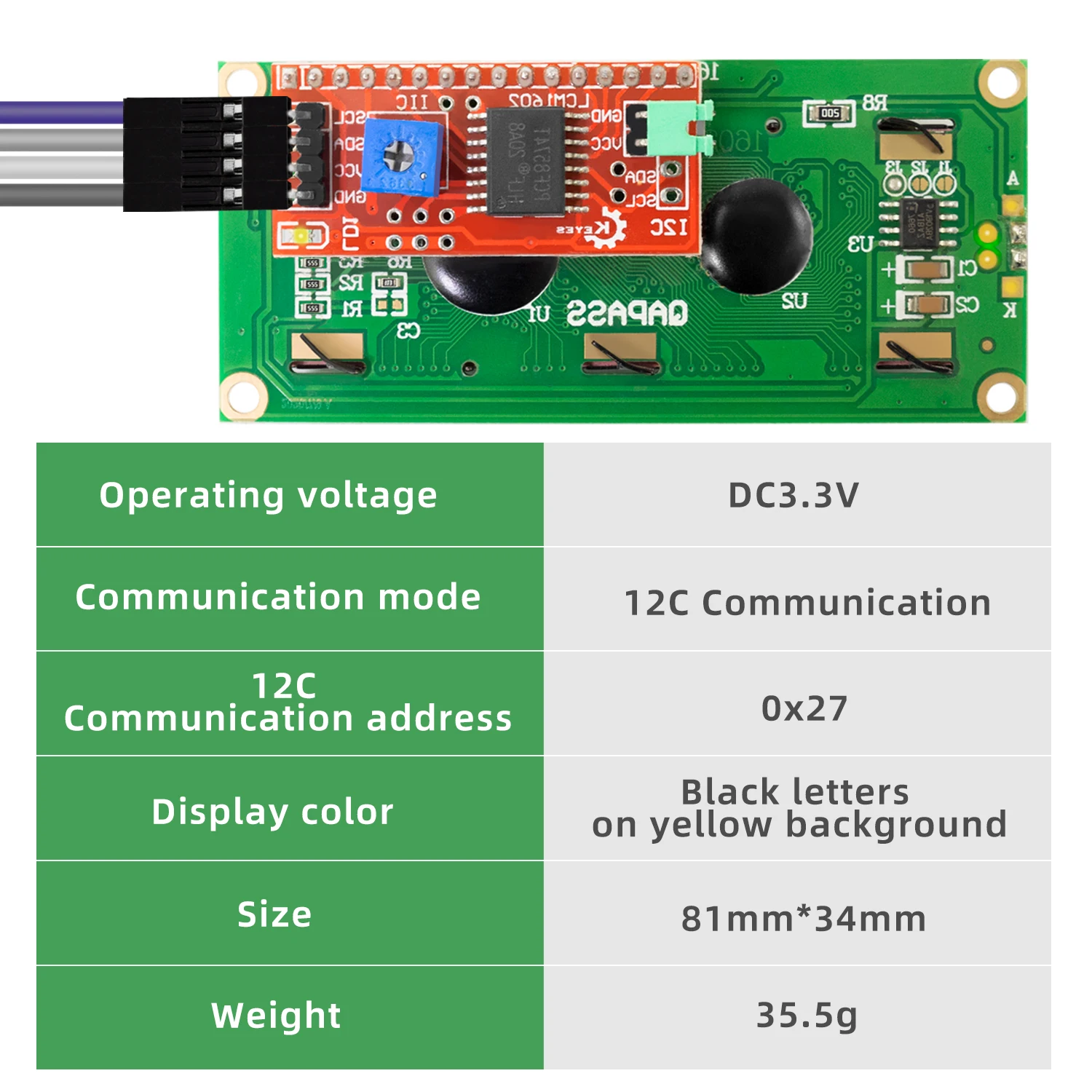 KEYES DC 3.3V LCD1602+I2C Module Yellow Green Screen Backlight 16x2 Character LCD Display PCF8574 For Arduino  Display Projects
