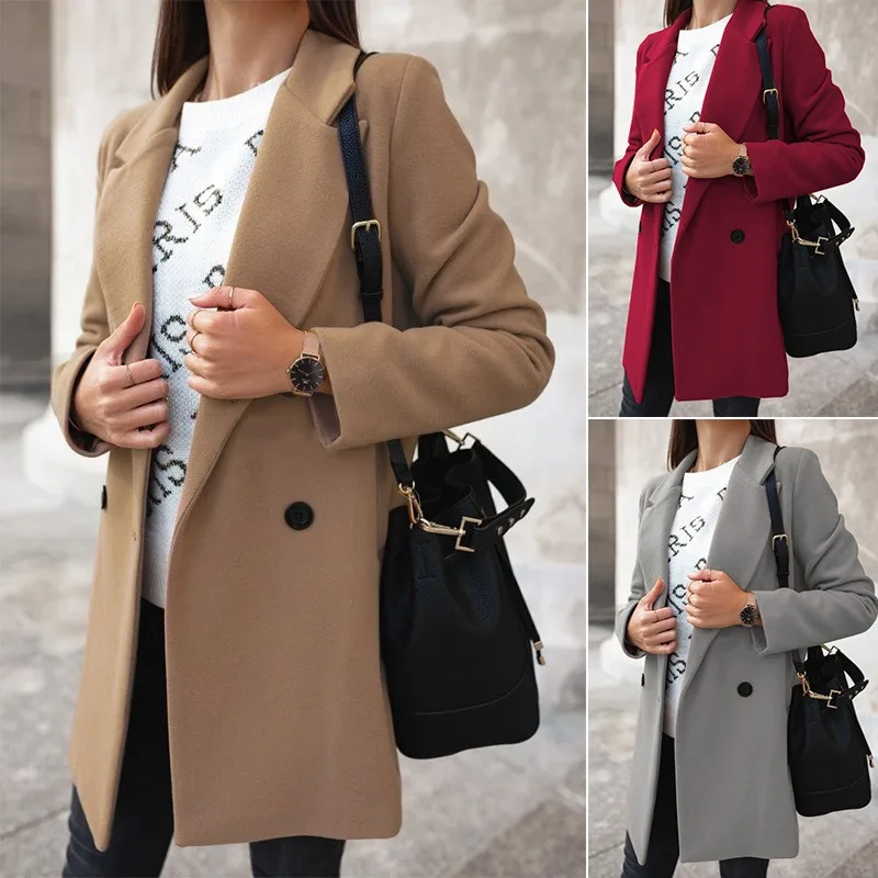 2024 Autumn and Winter Classic Solid Colour Long Sleeve Double Row Button Suit Collar Tweed Jacket Women