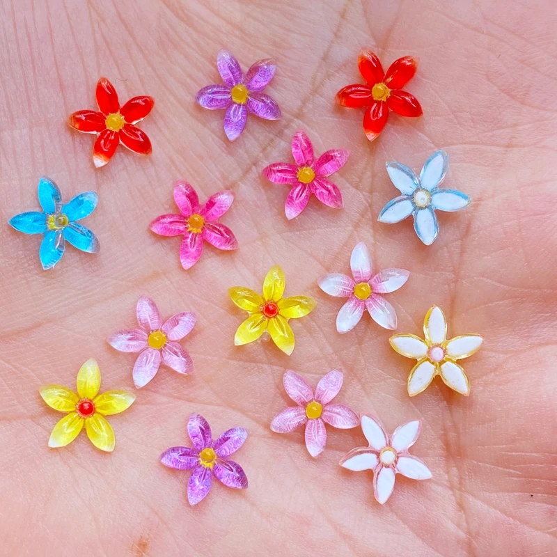 50Pcs New Cute Mini Shiny Flower Resin Figurine Crafts Flatback Cabochon Ornament Jewelry Making Hairwear Accessories