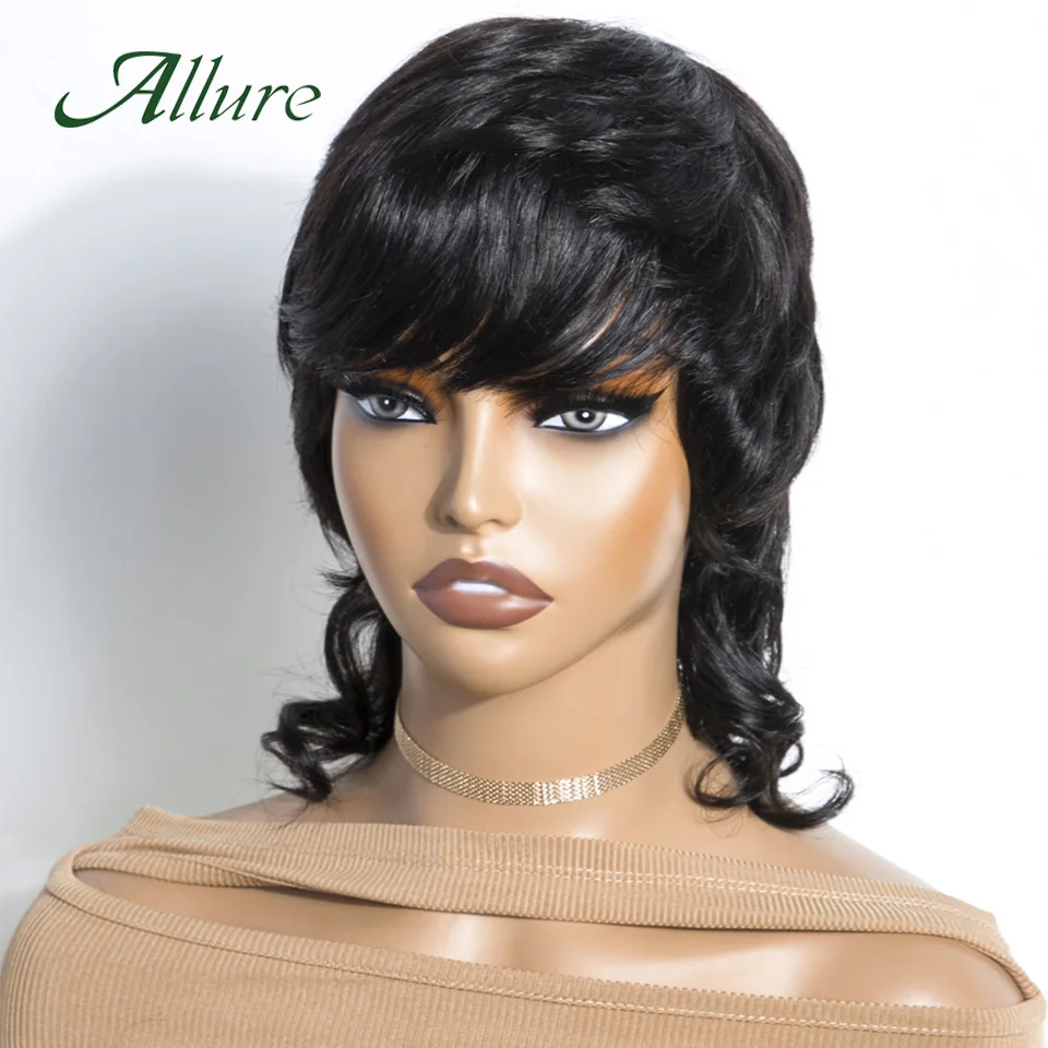 Brazilian Pixies Human Hair Wigs for Black Women Natural Black Color Hair Wig With Bangs Short Straight Full Machine Wig Allure