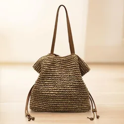 The New Straw bag large capacity one-shoulder 2024 new drawstring hook woven bagwoven bag female seaside vacation beach bag