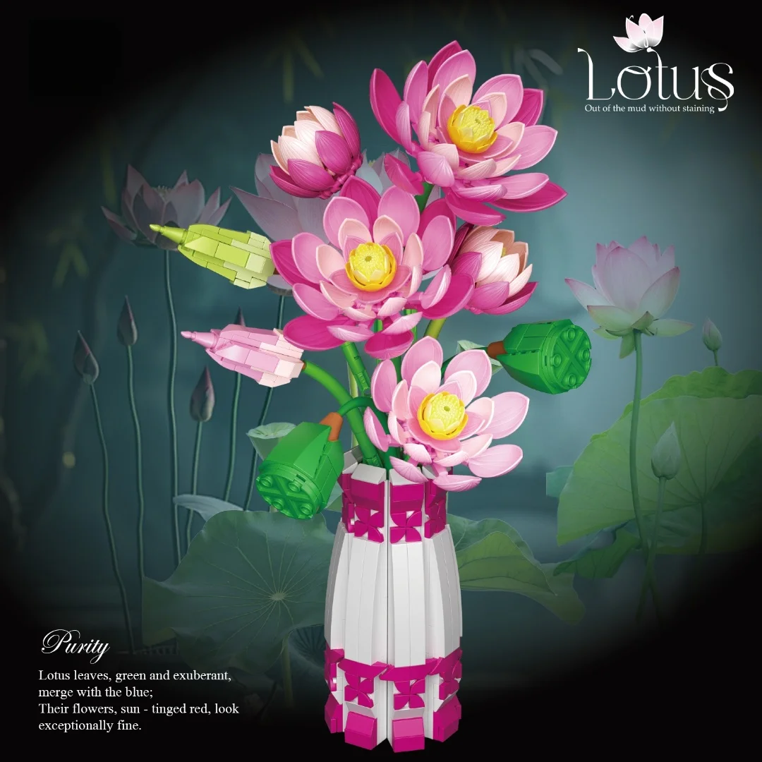 695+delige lotus bouwsteenornamenten met vazen |   Lotus-bouwsteenset in Chinese stijl |   Desktopdecoratie voor thuis |   Valentijnsdag/Halloween/Thanksgiving/Kerstcadeaus