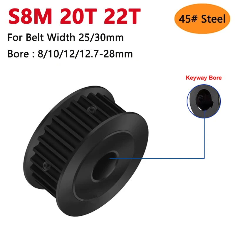 

1pc 20 22 Teeth S8M Black 45# Steel Timing Pulley 20T 22T Synchronous Wheel for Belt Width 25mm 30mm Bore 8 10 12 12.7 14-28mm