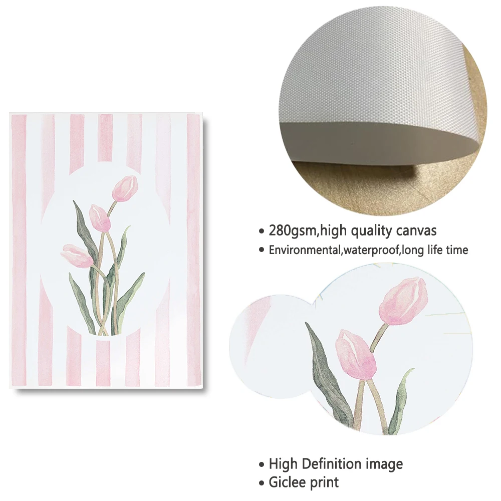 Pink Bow Wall Art Set Of 3 Striped Floral Prints Tulips Watercolors Preppy Room Decor Aesthetic Posters for Dorm Living Room