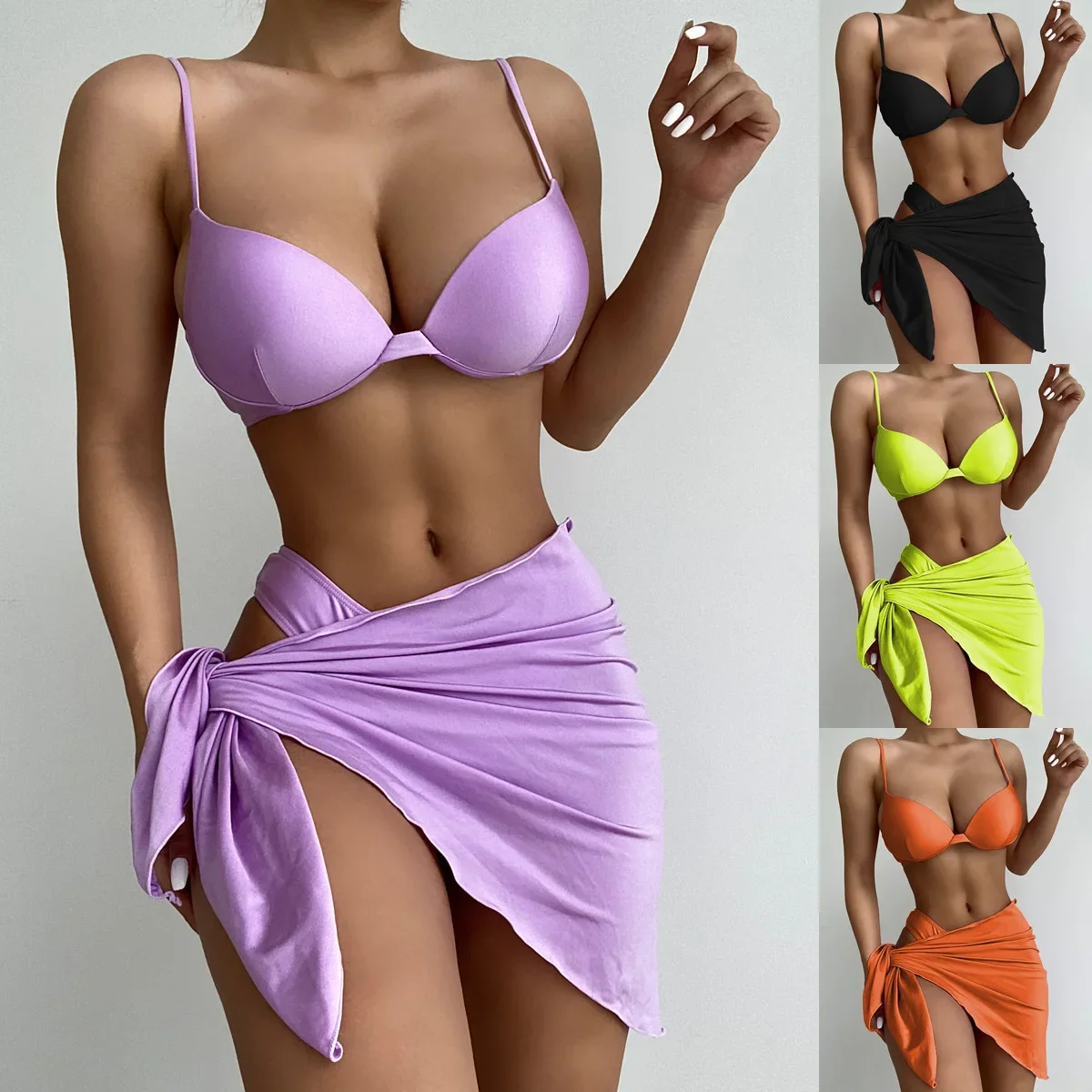 

New Swimwear Three-pieces Bikini Set Bather Bathing Suit Swim Lady Sexy Bikini Set with Sarong Female Swimsuit Women Wholesale