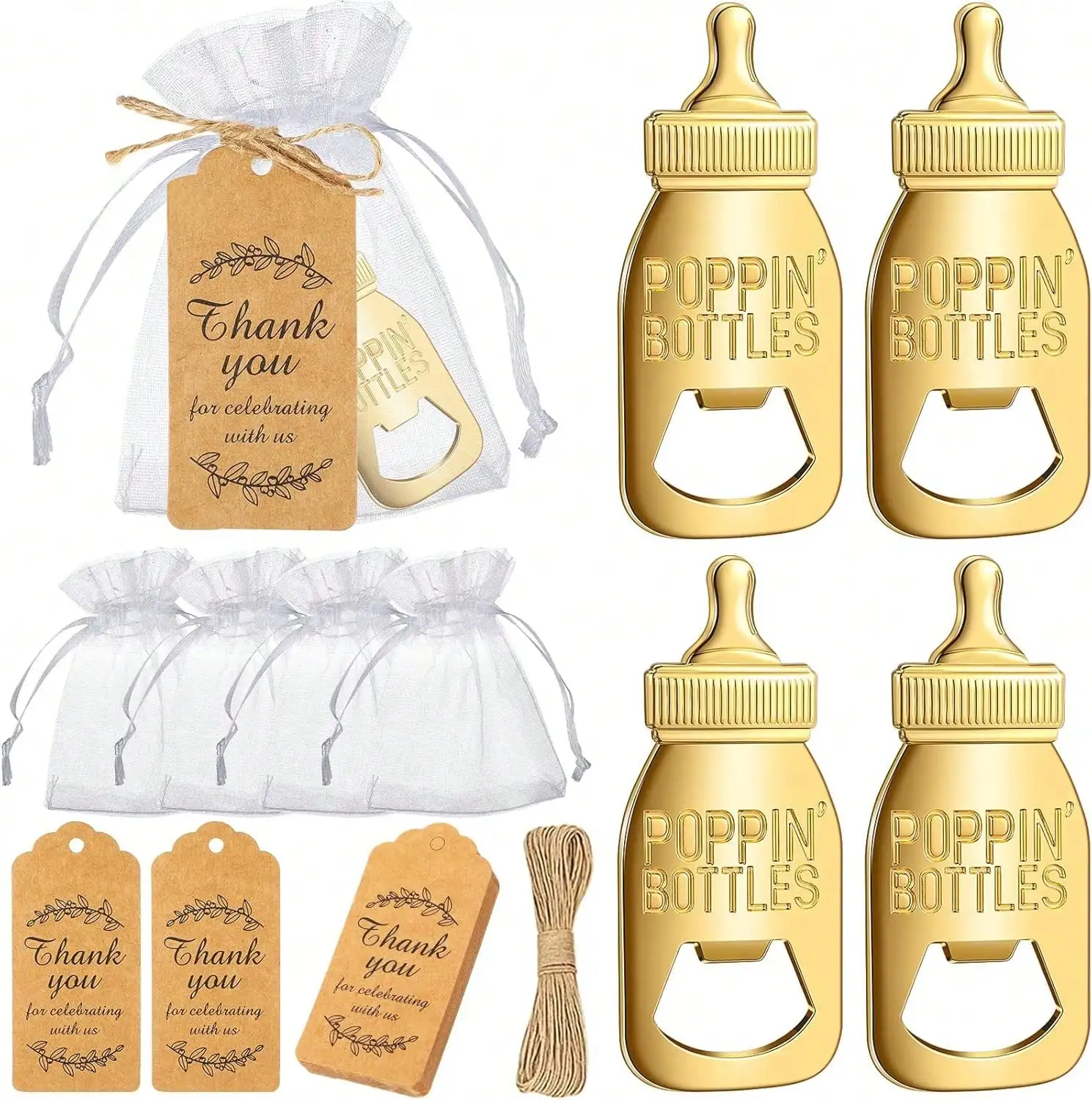 24Pcs Popping Bottle‑Shaped Bottle Opener Party Favor Set, Souvenir Decor Kit With Organza Gift Bags, Thank You Paper Tags & Hemp Rope, Practical Theme Party Return Gifts For Guest Party Supply