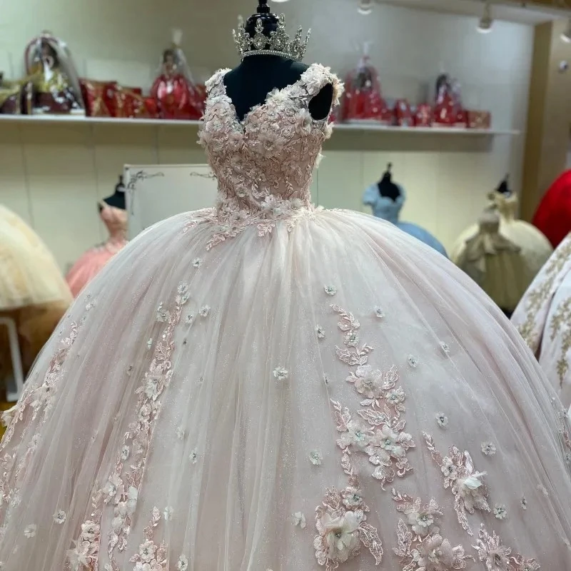 Real Pictures Saudi Arabic Princess Prom Dresses 14th Girls V Neck 3D Floral Birthday Party Gown vestidos de 15 quinceañera 2024