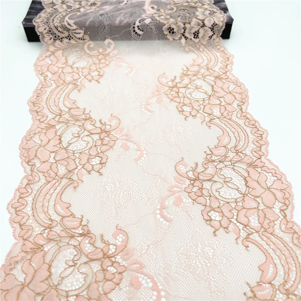 3y/lot Width 22.50cm Pink Gold Shimmer Elastic Stretch Lace Trims Skirt Hem For Clothing Accessories Lingerie Dress Sewing Lace