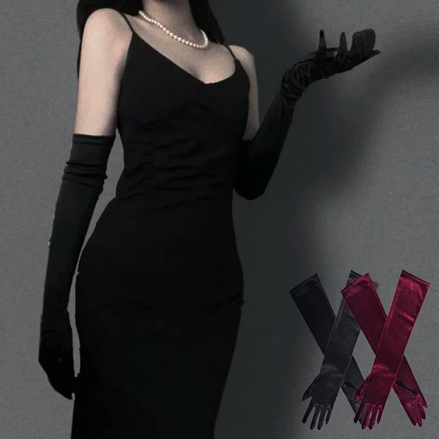 

Women Long Gloves Velvet Satin Black Evening Dress Etiquette Gloves Retro Style Banquet Elasticity 1920s Evening Opera Gloves
