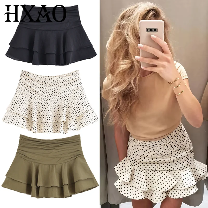 HXAO Women's Skirt Polka Dot Layered Skirt Shorts Summer 2025 Boho Ruffle Mini Skirt Shorts Elegant Female Wrap Pleated Culottes