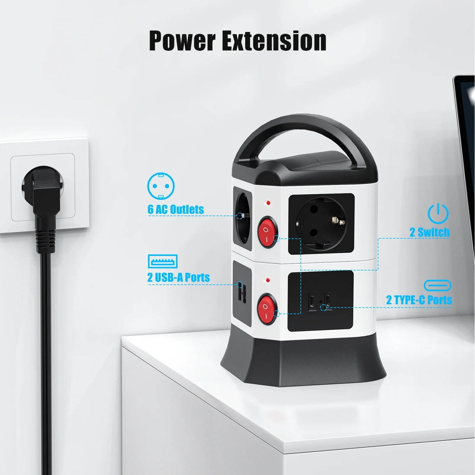 EU Tower Power Strip 6 Way Outlets Vertical Power Socket with 2 USB 2 Type C 2M Extension Cord Multi Plug Overload Protector 10A