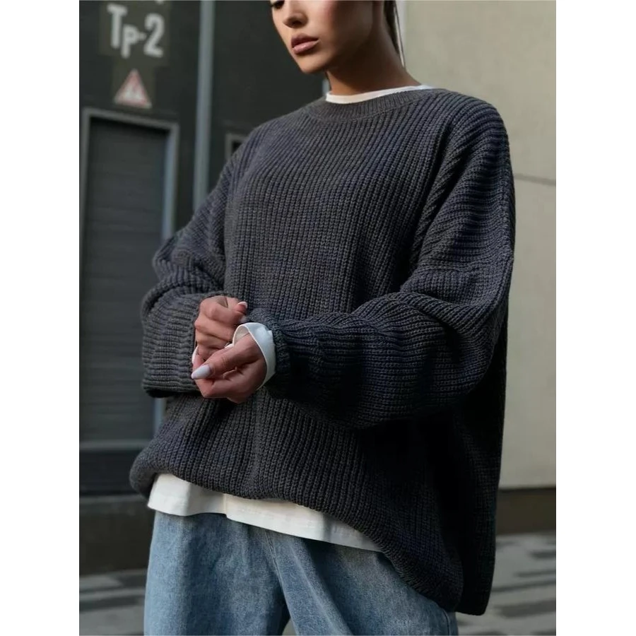 

Loose round Ne Pullover Pure Color Knitted Sweater Spring Autumn Comfortable Long Sve Women's Faion Basic Color