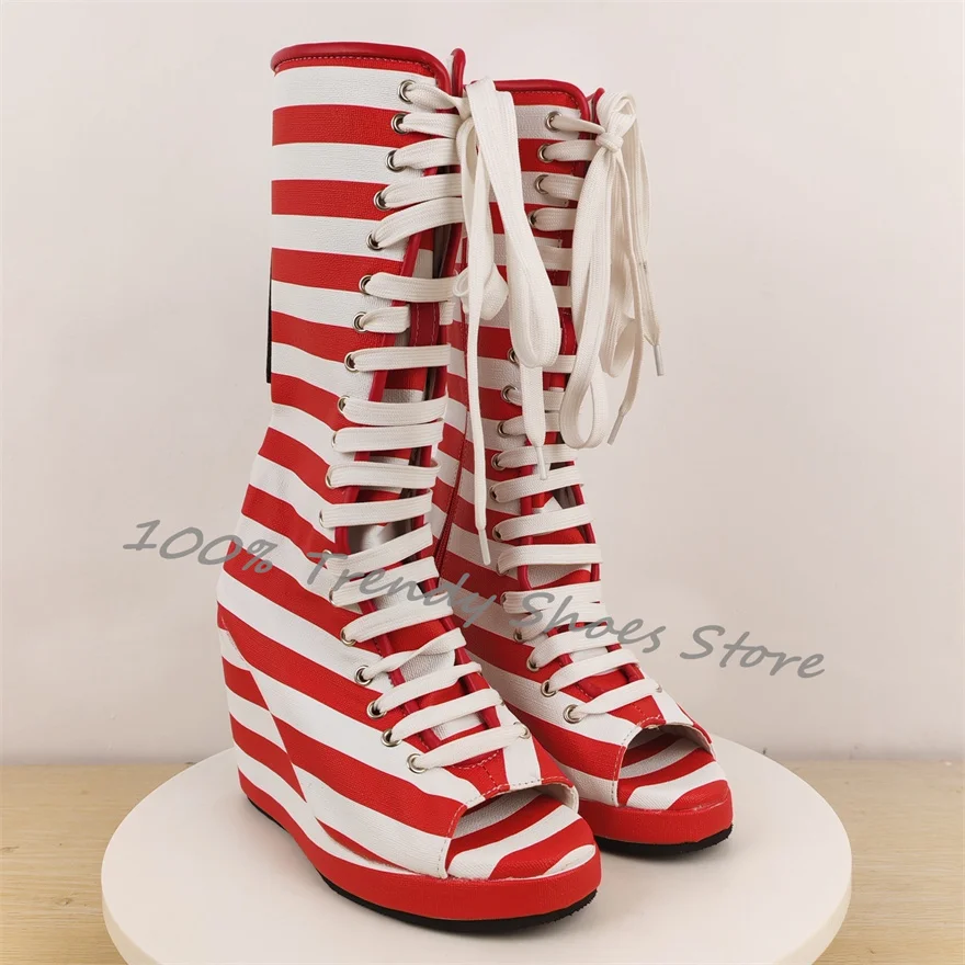 

Fashion Mixed Color Striped High Heel Women Long Boots Peep Toe Wedges Lace-Up Mid-Calf Boot Ladies Catwalk Dress Shoes