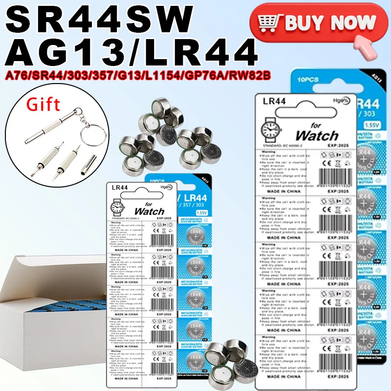 AG13 LR44 1.5V Alkaline Button Cell - Compatible with A76 357 357A LR1154 SR44 for Key Remote Control Watch Electronics