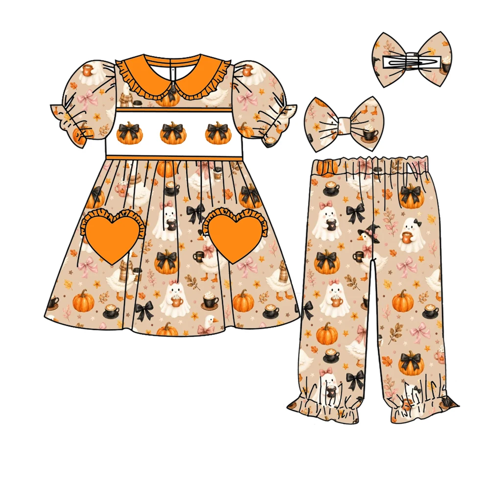 Halloween Girls Series Boutique Children's Set Lapel Short Sleeve Trousers Girl Set Ghost Print Long Sleeve Pajama Robe Set