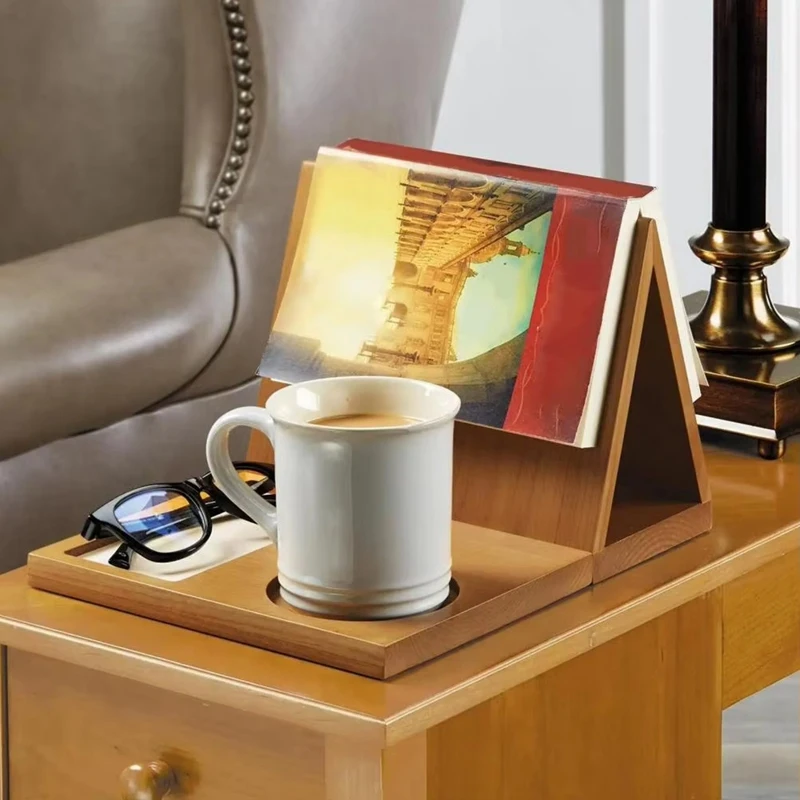 

HFIL-Wooden Book Holder Wooden Triangular Book Holder Tabletop Coffee Tea Stand For Book Lovers Bedroom Table Decor
