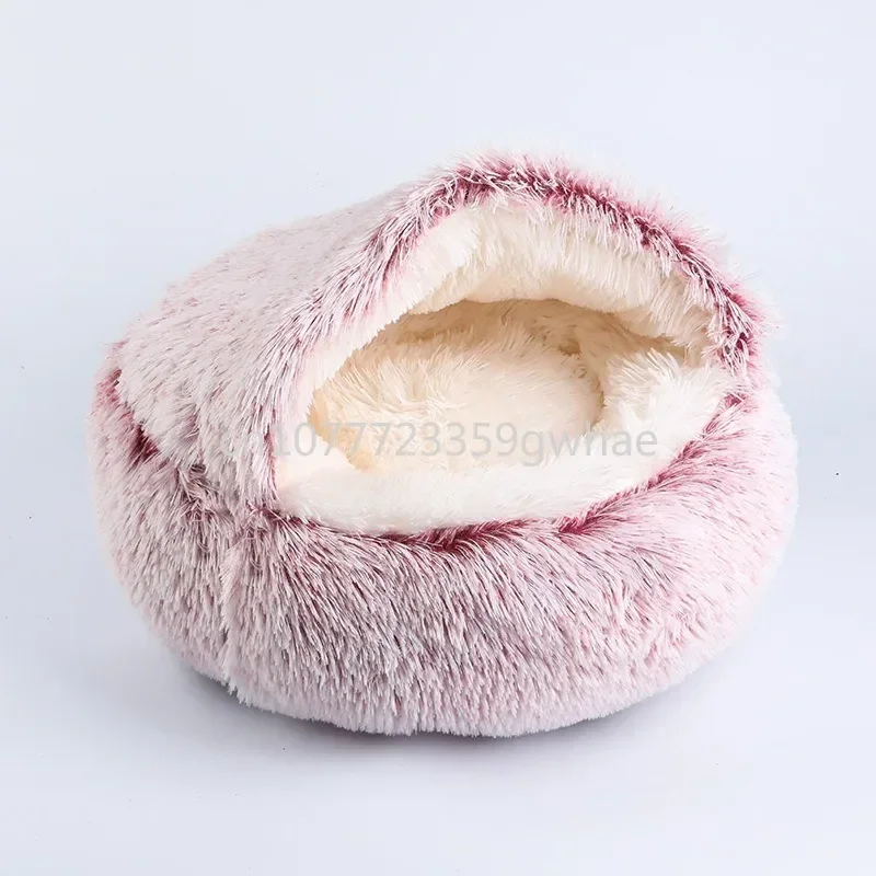 Long Plush Round Pet Nest, Deep Sleep, Half Pack and Half Closed Cat Nest, Dual Use Mat