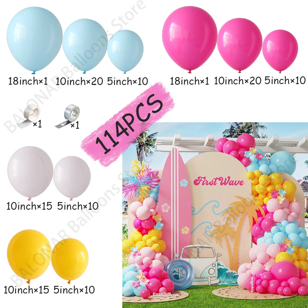 114/119Pcs Hawaiian Surfing Theme Balloon Wreath Set Blue Orange Rose Red Yellow Balloon Birthday Baby Shower Summer Party Decor view 4