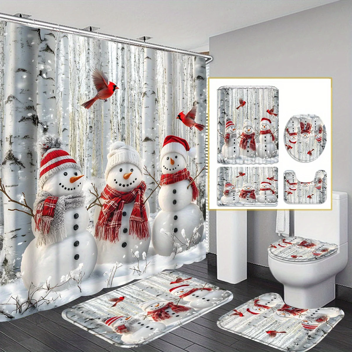 

4Pcs Christmas Snowmen Curtain Set,Colorful Pattern, Modern Bath Decor,Fabric Shower Curtains,Non-Slip Mat,U-Shaped Toilet Cover