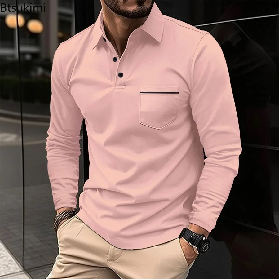 

New 2025 Men's Casual Long Sleeve Polo Shirts Spring Autumn Simple Fashion Patchwork Chest Pocket Loose High Quality Men's Tops