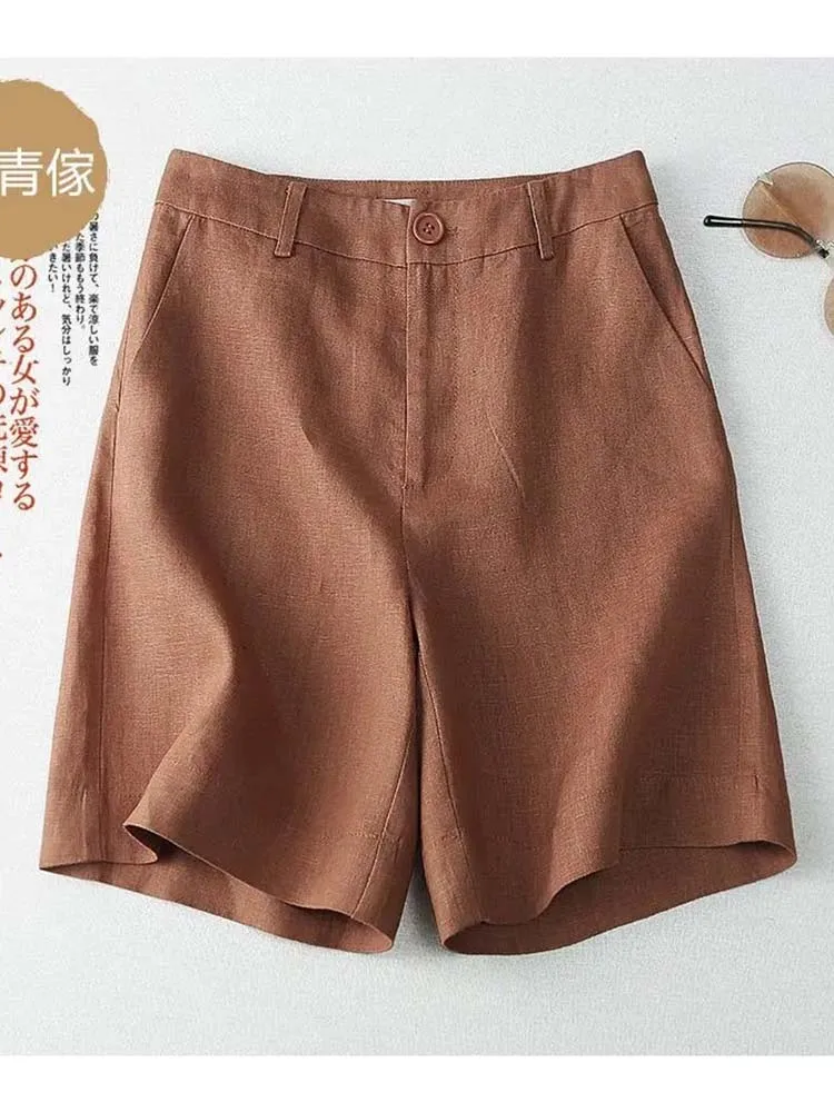 2026 Cotton linen shorts women Summer Thin High waisted Casual Wide leg Pants Female Versatile Straight leg Five quarter Pants