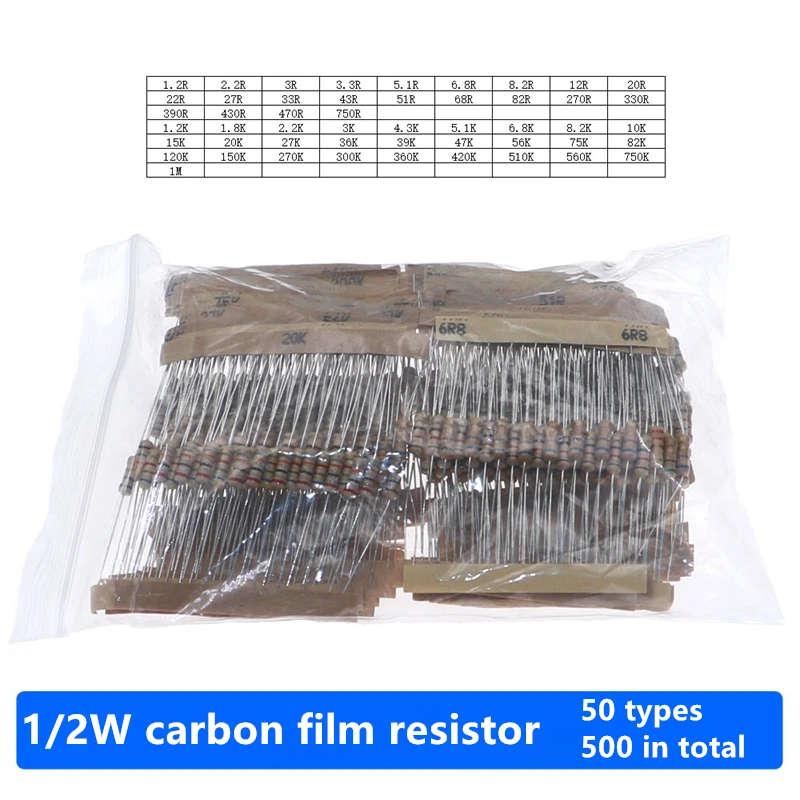

Набор из 500 резисторов с углеродной пленкой, 50 типов, 1/2 Вт, прямое включение, четырехцветные кольцевые резисторы, по 10 штук каждого типа