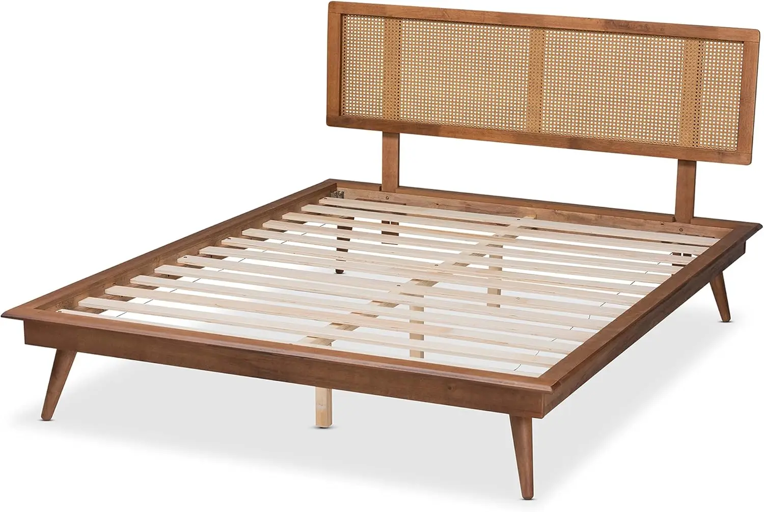 Nura Mid- Modern Walnut Brown Finished Wood And Synthetic Rattan Full Size Platform Bed