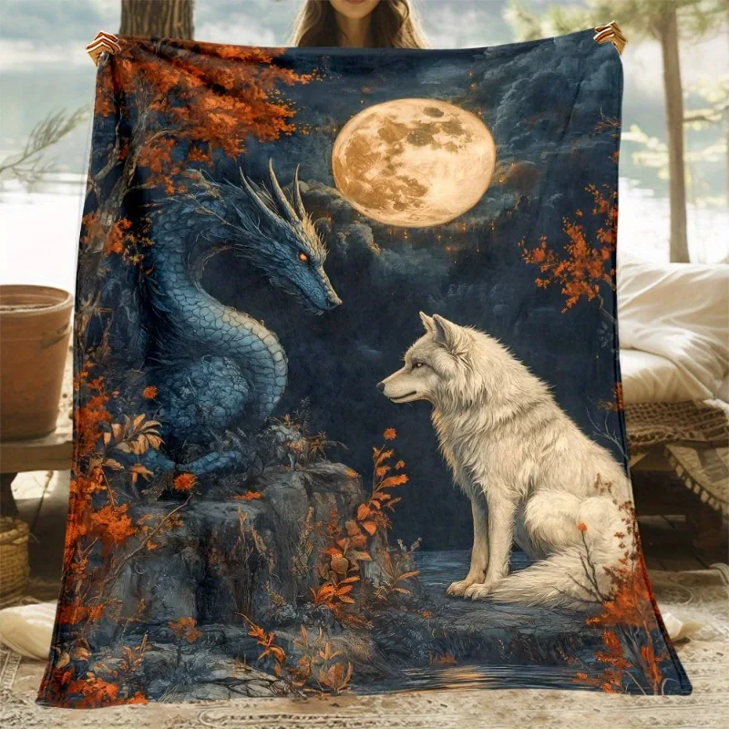 1 Stück Flanelldecke „Mysterious Fantasy Wolf & Dragon“ – Traumhafter HD-Druck, weiches Polyester, Ganzjahreskomfort