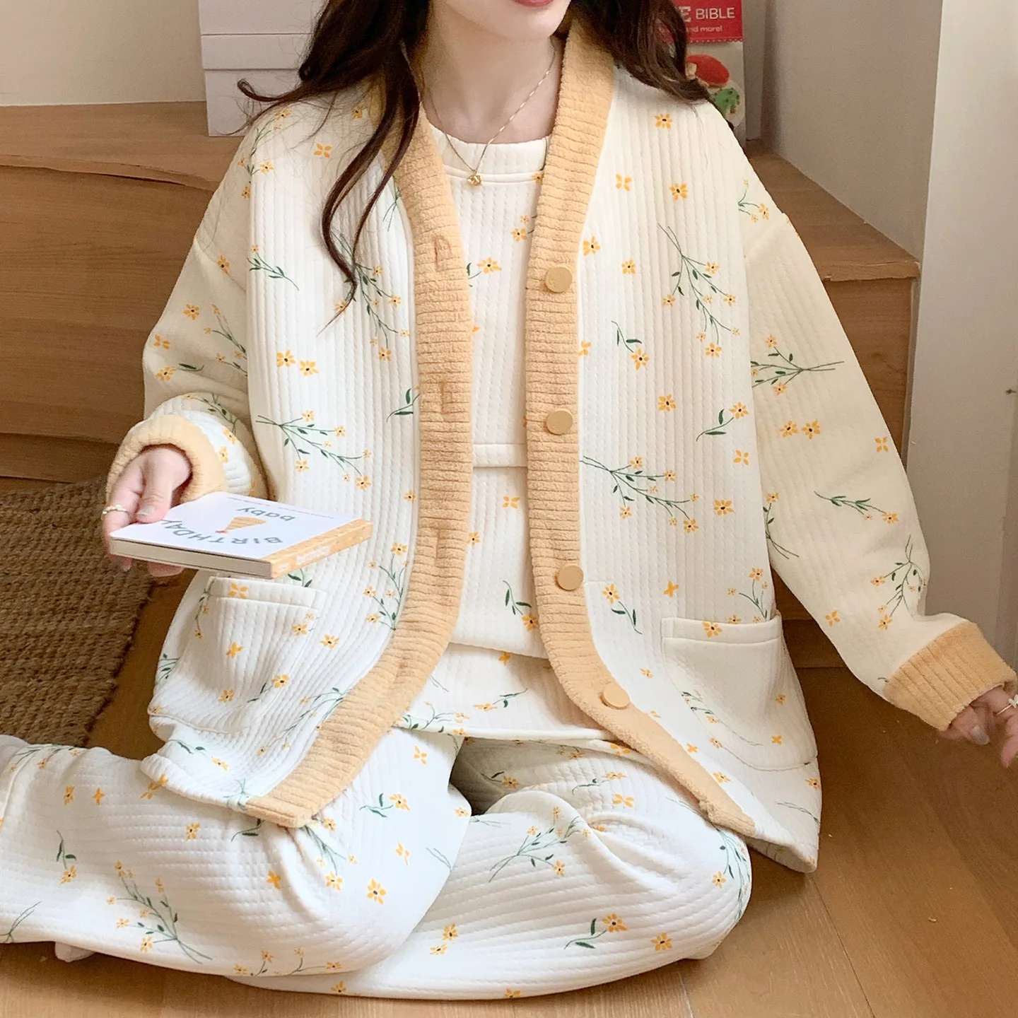 

3 шт., осенне-зимний комплект одежды для сна для беременных и кормящих мам, плотная хлопковая подкладка, одежда для сна для беременных, домашняя одежда для сна для комфорта