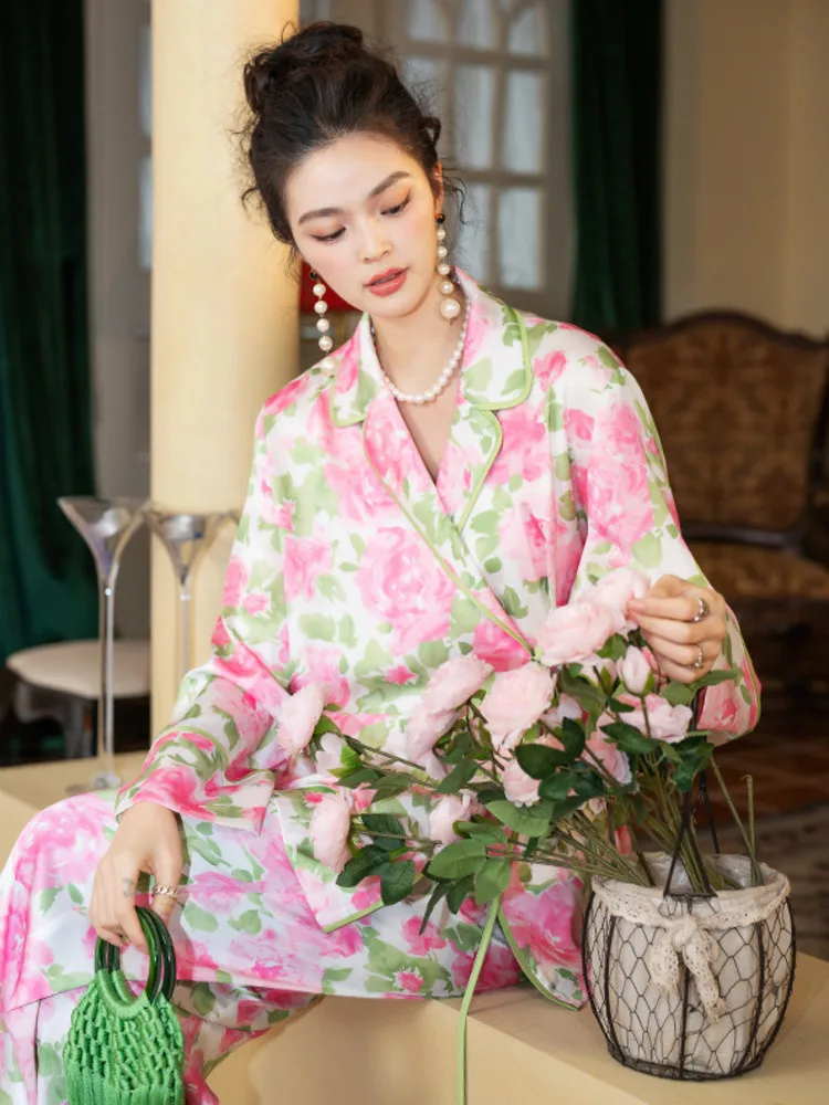 

TXii Flower Print Kimono Women Pajamas Set Satin Long Sleeve Pants Suit Fashion 2023 Vintage Sleepwear Pj Home Clothes