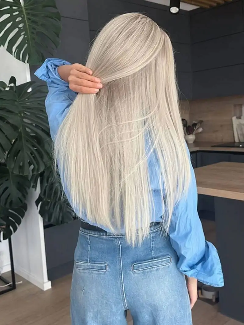 Ash Platinum Blonde Straight Synthetic Wig 13x4 HD Lace Front Rooted Balayage Long Glueless Wig for Women Daily Use