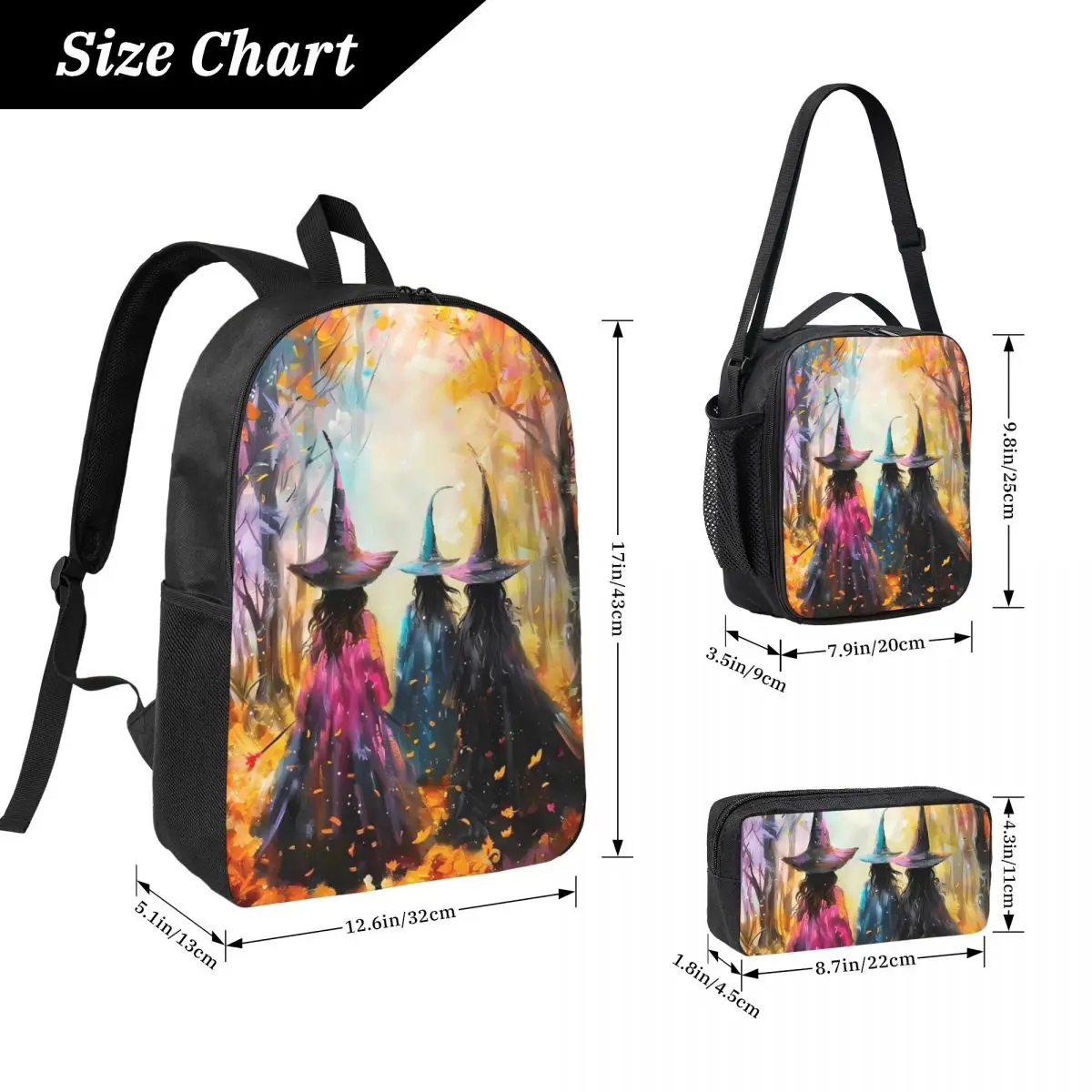 Autumn Forest Witches And Broomsticks Backpack BookBag School Bag Computer Shoulder Bags 3ps Insulated Lunch Bag Pencil Case