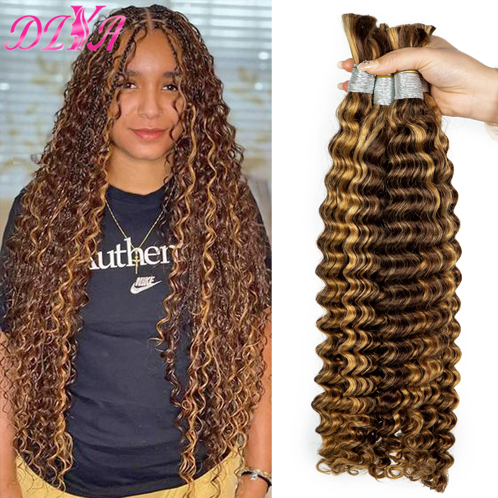 20 26 28 Inches Highlight Human Hair Bundles for Braiding Deep Wave Virgin Hair Extension Braids No weft Hair Bulk Extensions