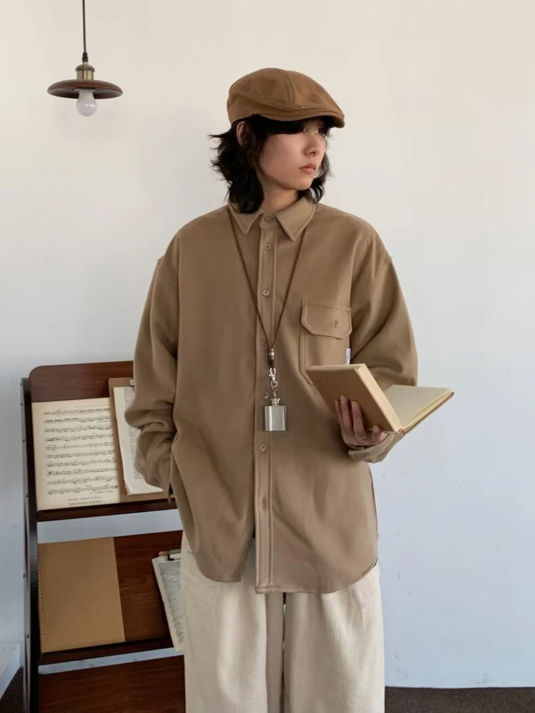 Vintage Cargo Shirt Men Women Japanese Loose Lapels and Long Sleeves Thickened Solid Color Casual Coat Harajuku Unisex Tops New